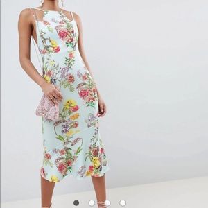 ASOS double strap floral midi bodycon pephem dress